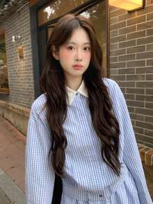 Korean Style Casual Blue Plaid Collared Long Sleeve Shirt + High Waist Ruffle Hem Skirt 2-Piece Set