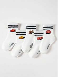 Disney 5双装儿童中筒袜，汽车卡通图案，黑白条纹，可爱图案设计，时尚休闲透气学生袜，适合日常穿着、返校季、节日礼物，袜子 - 彩色 - 查看 5