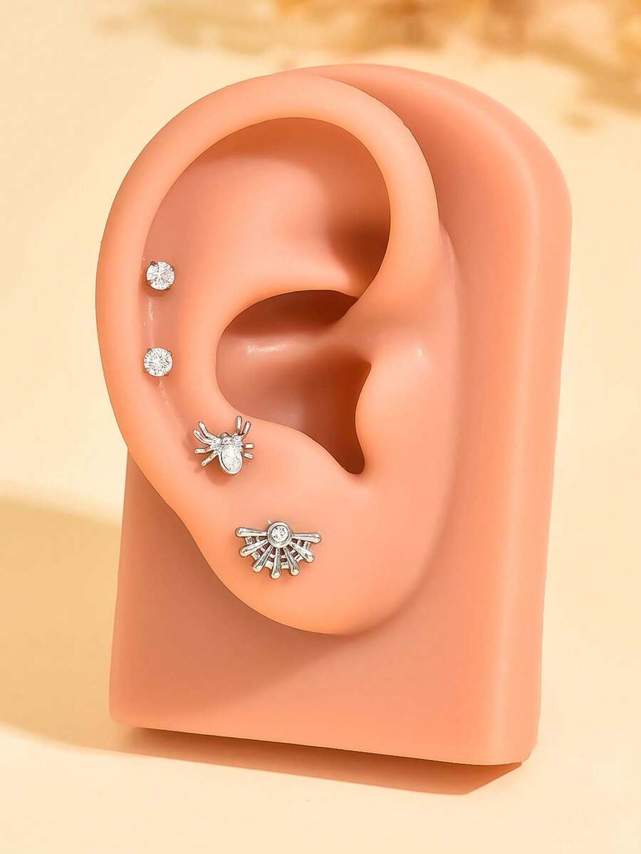 Conjunto de brincos femininos de 8/4 peças, elegante, com zircônia cúbica branca, formato de aranha e teia de aranha, adequado para perfurações do lóbulo da orelha, hélice, cóclea e trago, conjunto de brincos multifuncionais, perfeito para festas diárias, férias de lazer e presentes de feriado - Conjunto 6 - Ver 1