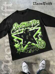 NeonDrift Double-Sided Printing Halloween, Christmas, Thanksgiving Gifts-Glowing Neon Graffiti T-Shirt - Vibrant Green Design For Urban Streetwear Enthusiasts, Perfect For Festivals And Nightlife,  Graphic Tee With Bold Artwork - 黑色 - 查看 2