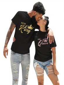[Couple Matching King Queen Tee] Couple Shirt For Him And Her Couple Crewneck Outfit King And Queen Tshirt Husband And Wife Shirt 1 Piece Couples Matching Shirts For Him And Her Men Women King Queen Print Valentine's Day Short Sleeve Couple T-Shirt - 男人 - 查看 2