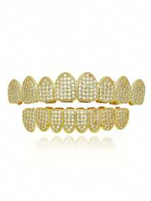 1 Set Classic 6 Top 6 Bottom Teeth Copper Micro-Inlaid Zirconia Metal Hip Hop Teeth Grillz, Bling Bling Party Holiday Stage Props, Unisex