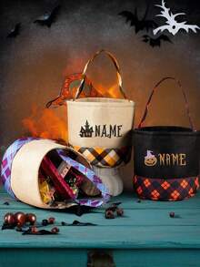 Personalized Embroidery Halloween Pattern Name Halloween Imitation Grid Storage Basket Fun Shopping Center Amusement Park Indoor And Outdoor Decoration Props Accessories Gifts Not Given Sugar Bag Handbag Candy Bag Multi Functional Storage Basket Short Distance Travel Bag - Multicolor - View 4