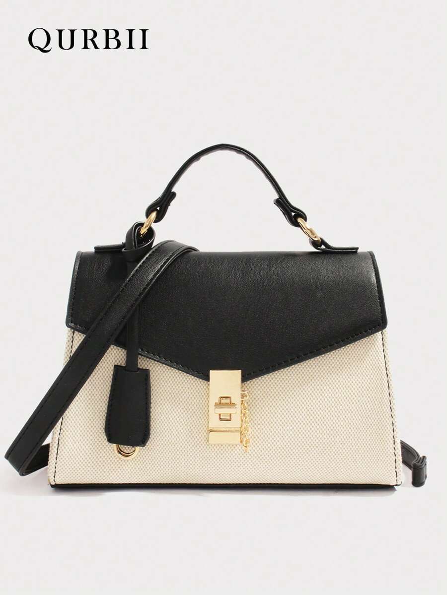1pc Large Capacity Commuter Chic Tote Bag, Faux Leather & Fabric Patchwork Flap Lock Handbag, Elegant Shoulder Bag With Detachable Strap, Suitable For Daily Commute, Shopping, Dating, Holiday Gifts For Mom