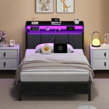 LED Bed Frame With Storage Headboard, Upholstered Bed Frame With Charging Station, Metal Platform Bed Frame With Heavy Duty Metal Slats, No Box Spring Needed, Easy Assembly, Black/ White/ Beige - 黑色 - 查看 12