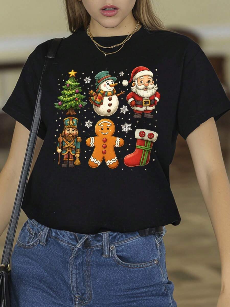 Camiseta Fashion Estampada,Navidad, Árbol De Navidad Y Papá Noel - Camiseta Gráfica Para Hombres Y Mujeres, Prenda Básica de Temporada para Mujer Moderna - Negro - Ver 1
