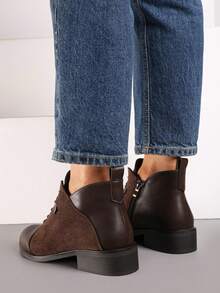 Classic Lace-Up Flat Ankle Boots - Women's Casual Winter Boots - Brown - View 4