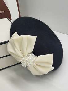 1 件优雅羊毛混纺蝴蝶结贝雷帽，秋冬 - 黑與白 - 查看 2