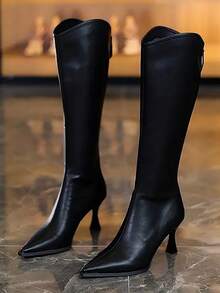 2025秋冬新款尖头高跟过膝长靴女款修身弹力靴筒时尚 - 黑色 - 查看 3