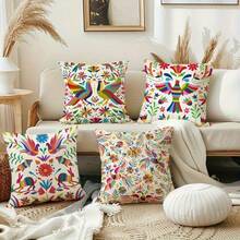 4PCS Mexican Floral Single-Side Print Throw Pillow Covers - 17.7*17.7 Inches, Colorful Abstract Floral Decorative Cushion Covers, Home Decoration, Suitable For Sofa, Bedroom, Office, Car, Farmhouse, Machine Washable With Zipper (Without Pillow Cores)