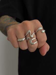 3pcs Men's Asymmetrical Geometric Golden Carved Square Rings, Minimalist Punk Fashion Ring Set - 3 Piece Ring Set - View 6