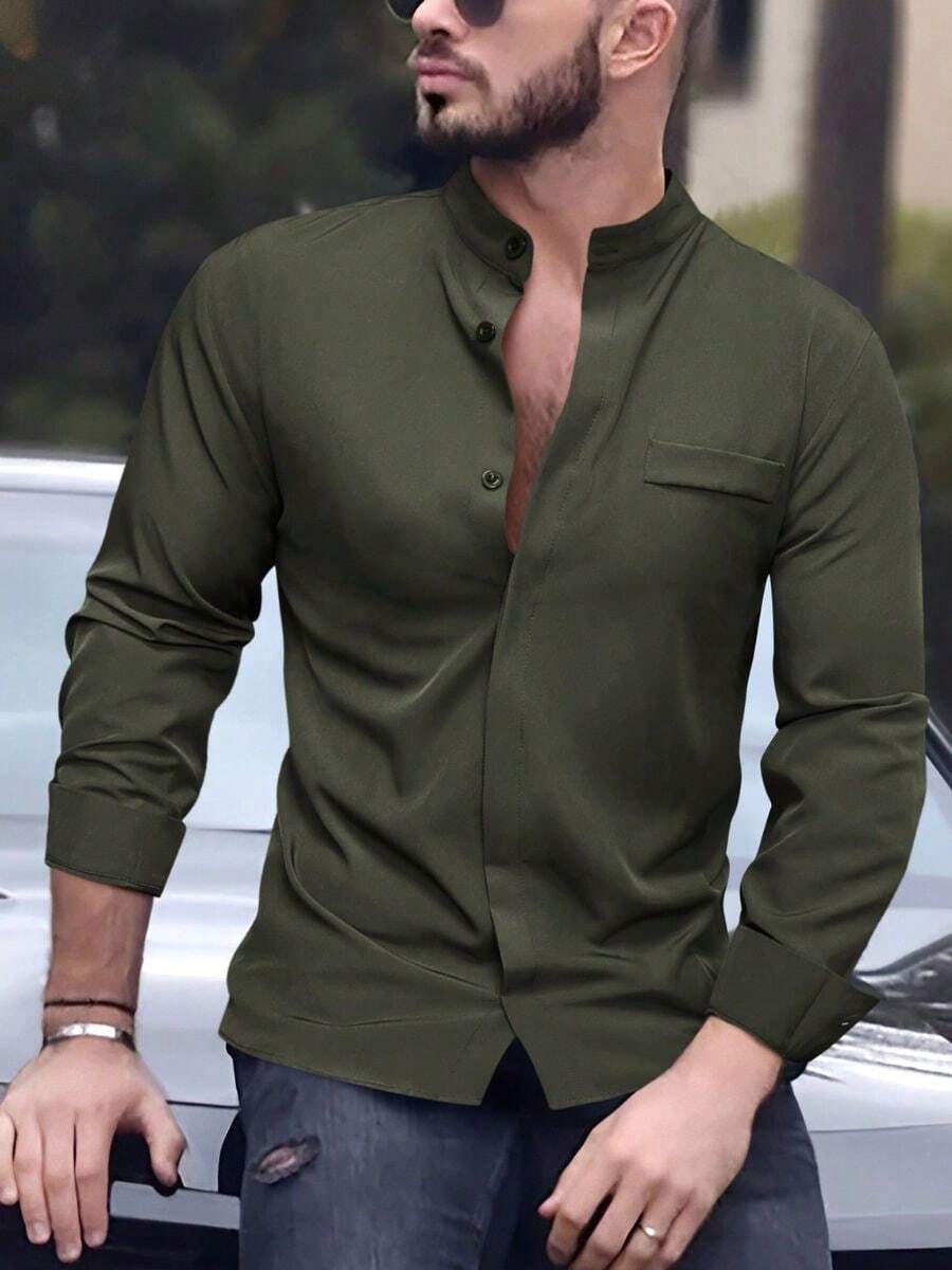 Camisa de hombre de color sólido con cuello pequeño, manga larga y botones para el otoño. Ligera y transpirable, adecuada para el uso diario - Verde - Ver 1