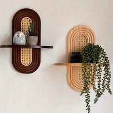 1pc Arched Bohemian Floating Shelf – Natural Wood & Woven Rattan Back, Easy Hanging, For Living Room/Bedroom/Bathroom (Displays Plants/Photos,  Home Decor Shelf) - 卡其色 - 查看 1