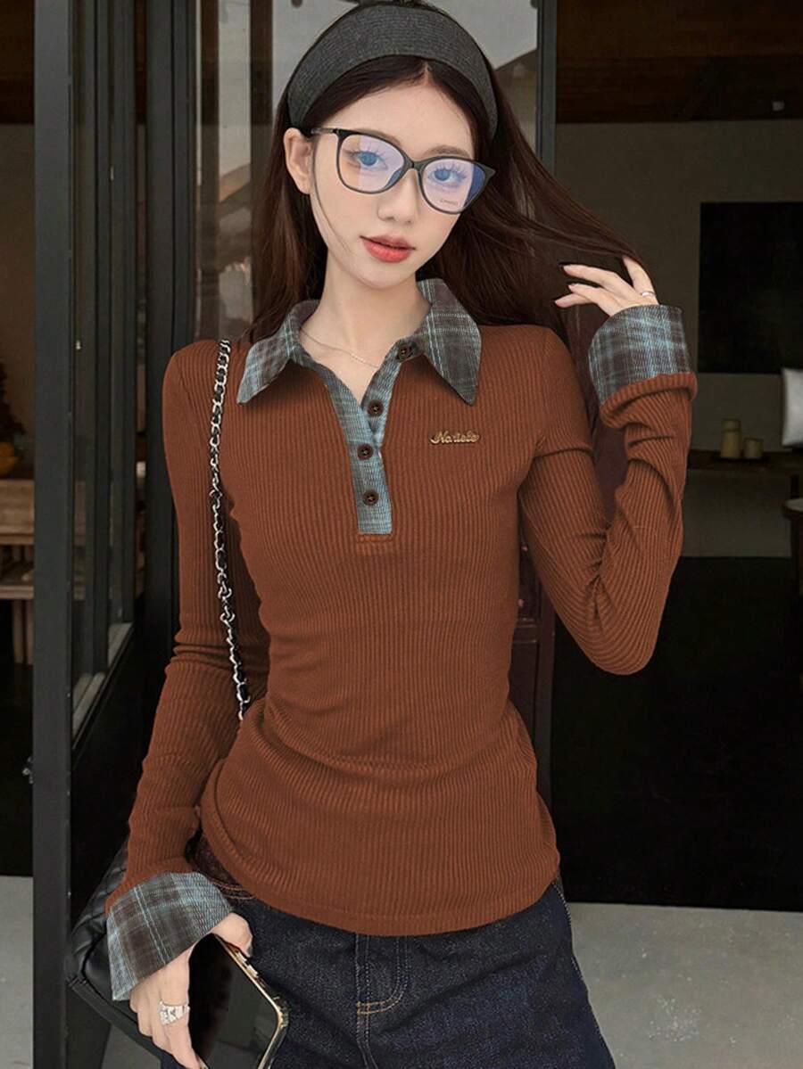 女式二合一格子马球领红色长袖拉绒修身打底衫 - 棕色 - 查看 1