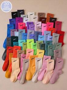 1 Pair / 20 Pairs Of Random One Skim Candy Macaron Colored Socks For Boys And Girls, Suitable For Daily Campus Sports, Fashionable And Versatile, Skin Friendly, Comfortable, Breathable And Odor Proof, Suitable For Men And Women, And Suitable For Couples,Crew Socks