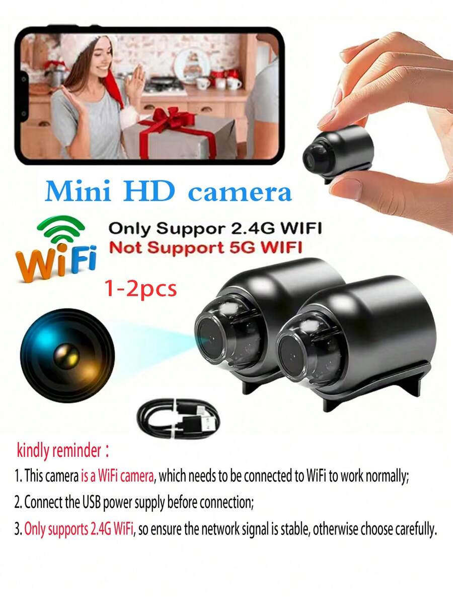 1个/2个迷你智能安防摄像头,家用WiFi远程监控设备,室内猫眼摄像头,监控摄像头,无线远程查看摄像头,看护助手,不含SD卡,USB供电,室内/室外监控摄像头 - 黑色 - 查看 1