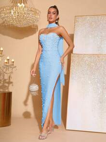 Elegant Beaded Decor Strapless High Slit Bridesmaid Dress, Bandage Party Gown - Baby Blue - View 9