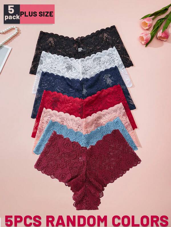 Calcinhas femininas plus size, 5 peças, cor sólida, leves, elegantes, sensuais, de renda, versáteis e ajustadas