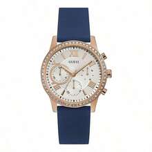 Guess Solar Fashion Multi-Function Crystals Pink Dial Rubber Strap Quartz Watch For Women W1135L2 With Month Week Calendar Women Accessories Suitable For Daily Party Clothing Decor Stylish Gift For Women