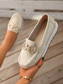 Mocasini cu talpă groasă și platformă pentru femei, cu vârf rotund, cataramă metalică, cu toc plat, stil britanic, culoare solidă, casual, din piele PU, pentru exterior, primăvară 2025 - Aur roz - Vizualizare 10