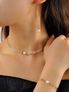 1 Set Women Jewelry Set Including 1 Pair Earrings, 1 Bracelet, 1 Necklace, Fashion Minimalist European & American Style Gold Geometric Chain & Pearl Decor, Suitable For Daily Wear