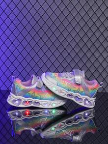 1 双时尚 LED 照明皮革透气运动鞋，适合男孩和女孩 - 休闲、减震、四季防滑户外跑步和步行鞋 - 淡紫色 - 查看 3