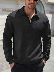 Men's Casual Polo Shirt With Collar And Zipper | Herringbone Jacquard Knit, Sweatshirt Silhouette, Essential For Vacation & Everyday Casual, Ideal Valentine's Day Gift For Boyfriend (European/American Sizing Runs Large, Suggest Ordering One Size Down)