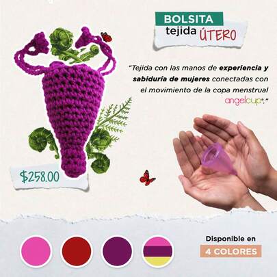 Angelcup Bolsita Tejida Útero Artesanía y Cuidado para tu Angelcup Disponible en 4 Colores Tejida con Experiencia y Sabiduría de Mujeres