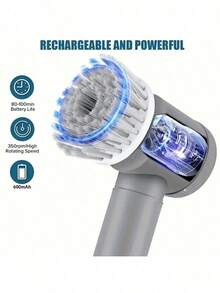 1 Set Grey Electric Rotating Brush, Bathroom Cleaning Brush Electric Brush With 6 Replaceable Brush Heads, Low Power Slow Rotation Cleaning Brush Suitable For Kitchen, Toilet, Windows Cleaning, Suitable For Graduation Gift, Bachelor Party Gift, Bridesmaid Gift, Father's Day Gift, Halloween Decoration, Halloween Gift, Bridesmaid Proposal Gift, Wedding Guest Favor, Birthday Party Decoration And Wedding Items, Wedding, Birthday Party, Anniversary, Holiday Event, Graduation Ceremony - Grey - View 4