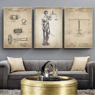 3PCS Legal Mural Prints, Retro Lawyer Goddess Of Justice Poster, Justice Balance, Judge Hammer Poster Painting Retro Artwork Suitable For Court Home Office Study Decoration, Lawyer Gift, Optional Wooden Frame