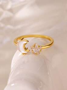 Women's Mini Stainless Steel Star & Moon Ring, 18K Gold Plated Non-Fading Adjustable Open Ring, Gold Color Wedding/Holiday/Daily Accessory, Christmas Gift For Mom/Best Friend - Stars and Moon - View 18