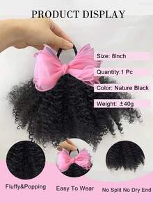 1pc Big Go Afro Kinky Marley Ponytail With Elastic Bow Clip, Soft Hair, Kids Braided Ponytail, Suitable For Girls - Black - View 4