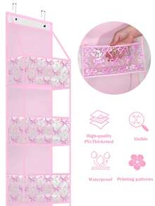 1 件 4/6 层门上收纳架，带 2 个挂钩，大容量无纺布壁挂式储物袋，带透明 PVC 口袋，门后蝴蝶结郁金香图案储物架，适用于卧室育儿室衣橱洗衣房餐具室浴室。（粉色） - 粉色 - 查看 6