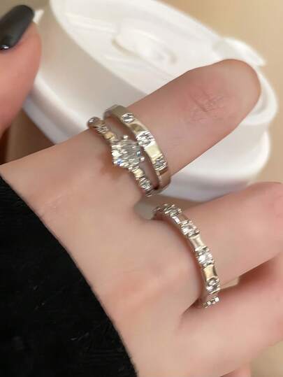 1 Set Of 3 Minimalist Plain Band Adjustable Rings With Rhinestones, Suitable For Women's Daily, Festival, And Party Wear