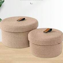 Coș de depozitare țesut din frânghie scandinavă, 2 bucăți, cutie de depozitare multifuncțională cu capac, material textil în tonuri neutre, potrivită pentru gustări, jucării și decorarea casei, alegere ideală pentru sufragerie și dormitor, coș și coș de raft pentru decorarea și depozitarea casei