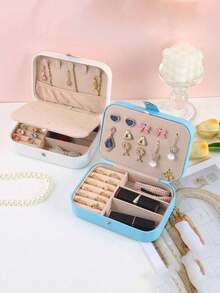 1 pezzo Scatola da viaggio per gioielli, piccola scatola di stoccaggio in pelle sintetica, scatola per gioielli con bottone, scatola collezione gioielli, scatola porta anelli, adatta per donne e ragazze, portatile a doppio strato, utilizzata per conservare orecchini, anelli, collane