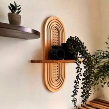 1pc Arched Bohemian Floating Shelf – Natural Wood & Woven Rattan Back, Easy Hanging, For Living Room/Bedroom/Bathroom (Displays Plants/Photos,  Home Decor Shelf) - 卡其色 - 查看 2