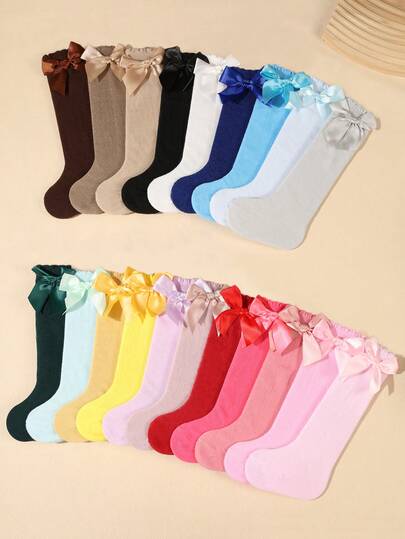 10 pares de calcetines hasta la rodilla para bebé, calcetines casuales suaves y cálidos con decoración de lazo, colores aleatorios, otoño/invierno