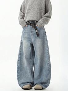 1条装休闲宽松情侣阔腿牛仔裤，百搭街头风格 - 淺藍色 - 查看 3
