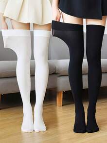 2 Pairs Women Solid Color Velvet Over-The-Knee Socks, Sexy Black & White Thigh High Socks, Essential For Daily Outfit - Black and White - View 8