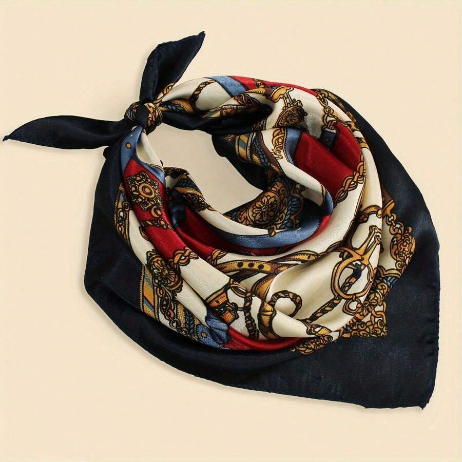 19.7" Vintage Chain Print Square Scarf Elegant Satin Bandana Classic Neckerchief For Women - 1#多色 - 查看 1
