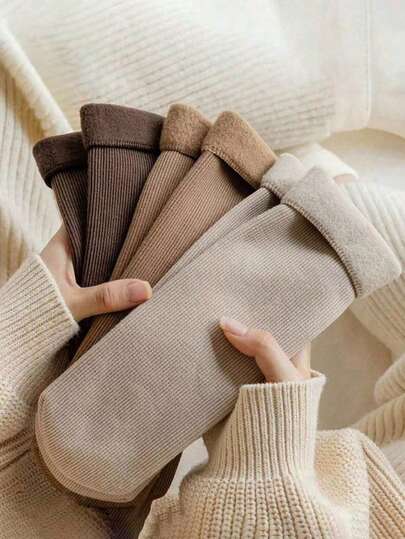 3/5 pares de calcetines de nieve de color tierra para mujer, calcetines de tubo medio verticales de otoño e invierno, calcetines esponjosos y calcetines de piso cálidos con engrosamiento de lana, adecuados para uso diario y diversas ocasiones, color aleatorio