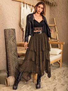 Rusttydustty Chân váy nữ màu nâu chấm bi, dáng bất đối xứng, xếp lớp, kiểu retro lãng mạn, thích hợp cho kỳ nghỉ, lễ hội âm nhạc và các bữa tiệc khác. - màu nâu - Xem 2