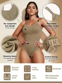 1pc Women Seamless Shaping Bodysuit With Thong Bottom, Slimming Bodyshaper Tummy Control Flat Belly Sheath Jumpsuit Shapewear Waist Trainer Shaper - 卡其色 - 查看 3