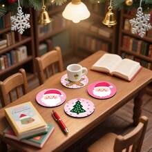 4 piezas/6 piezas/300 piezas Posavasos de barro de diatomeas con patrón de Papá Noel lindo sobre fondo rosa, posavasos de café, decoración multiocasión para el hogar y restaurante, regalos diarios, decoración de mesa, decoración diaria, decoración de fiesta temática