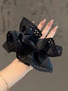 Elegant Lace Embroidered Scrunchies, Double-Layer Hair Ties, Ponytail Holder, Hair Scrunchies, Hair Accessories, Solid Color, Polyester, Suitable For All Seasons ,Scrunchy Hair Ties Makeup Home Gym Woman Accessories Head Accessories Elastic Band Hair Rubber Bands - Black - View 5