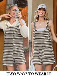 Womens Fall Striped Romper Sleeveless Loose Fit Jumpsuit Tied Shorts With Pockets Outdoor Casual Out - Xám - Xem 6