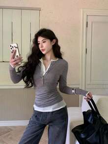 初秋女士休闲二合一修身长袖T恤