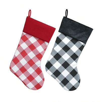 2pcs Rustic Checkered Christmas Stockings Set Large Buffalo Plaid Stockings Hanging Ornaments For Fireplace Mantel Decorations