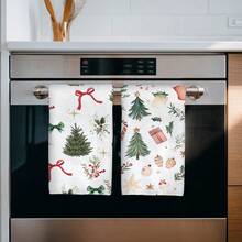 MEMNUN 2 pièces Serviettes de cuisine en microfibre super douces et absorbantes de 15,75 * 23,62 pouces (40 * 60 cm), avec imprimé aquarelle d'arbre de Noël, cadeau de Noël, nœud de bonbon et baie. Convient pour la décoration et les cadeaux de Noël, la cuisine, la cuisson, le thé, le nettoyage, les restaurants et toutes les saisons.